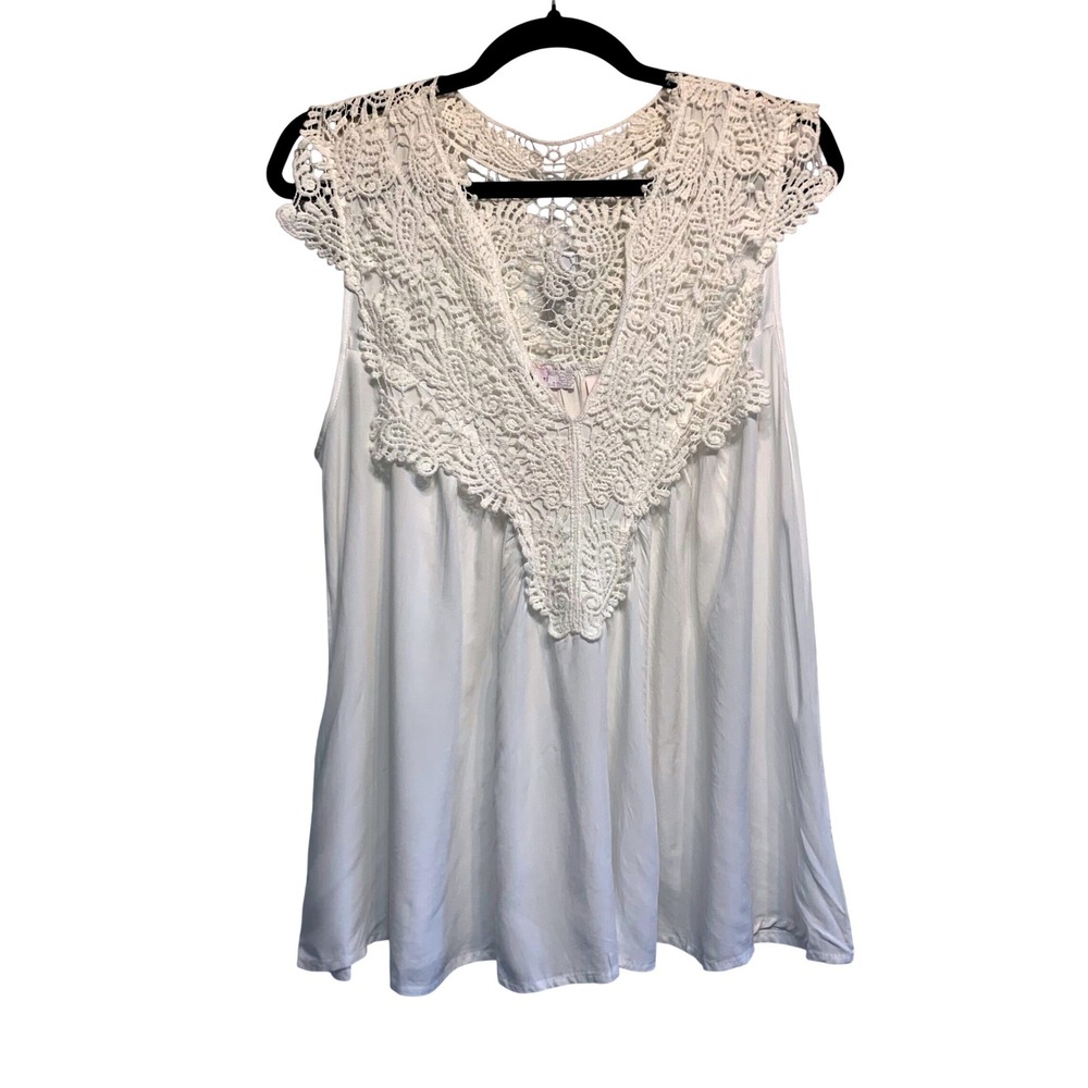 Crochet‎ Lace Top Womens Small White Boho Fairy Festival Sleeveless Rayon V-Neck